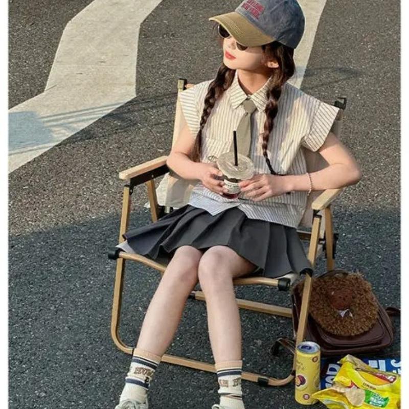 Summer Child Set Teenager Girls Cloth Striped Blouse Shirt Top + Bottom JK Pleated Skirt Suit 4-12 Year Japan