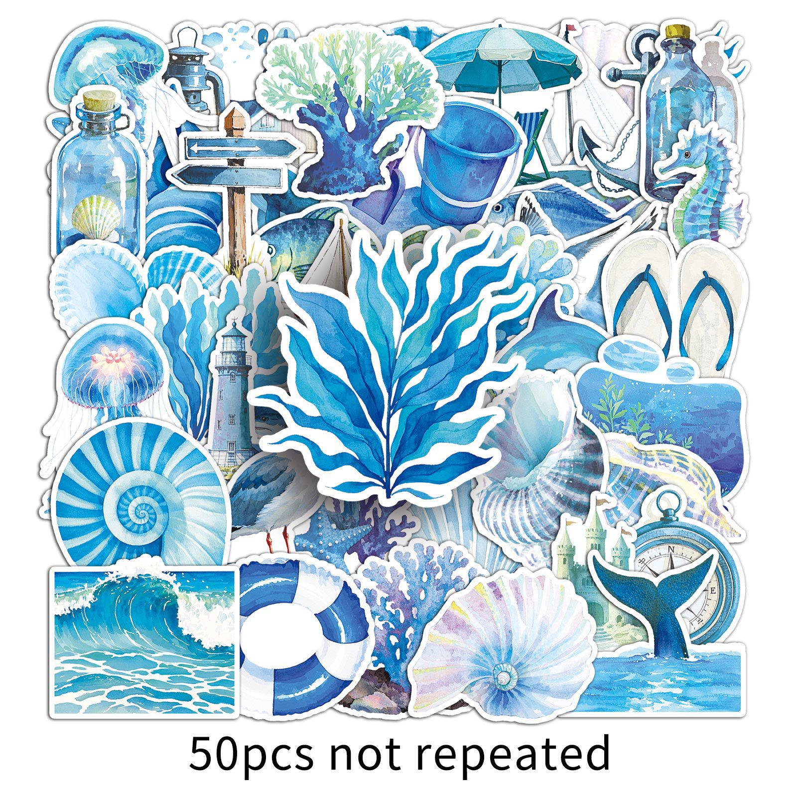 50PCS Blue Ocean Watercolor Graffiti Stickers for Phones, Bottles, Notebooks