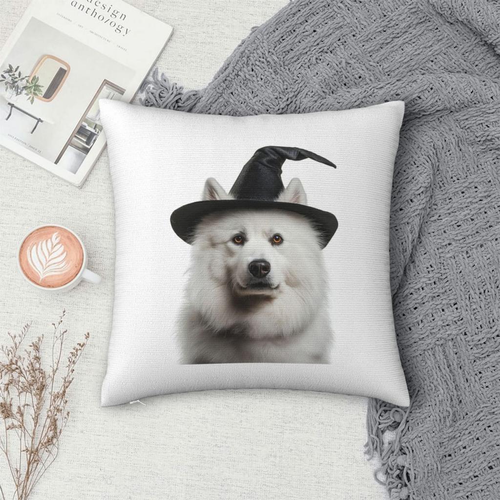 Samoyed Dog Wearing Halloween Witch Hat Square Pillowcase Pillow Cover Cushion Throw Pillow for Home Sofa Living Room