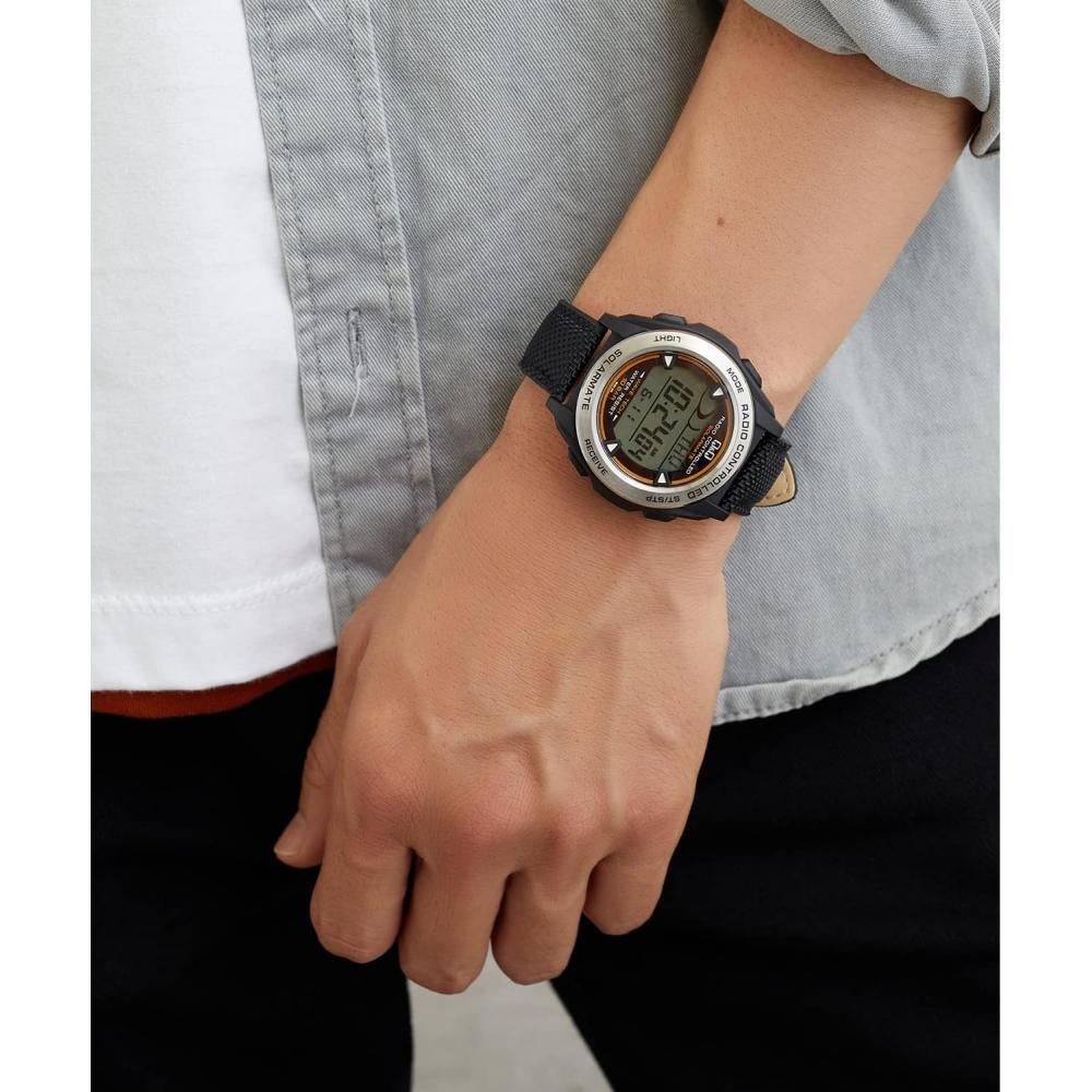 [Citizen Q A] MHS7 340 Men s Digital Radio Wave Solar Waterproof Date Leather Strap Watch  Black