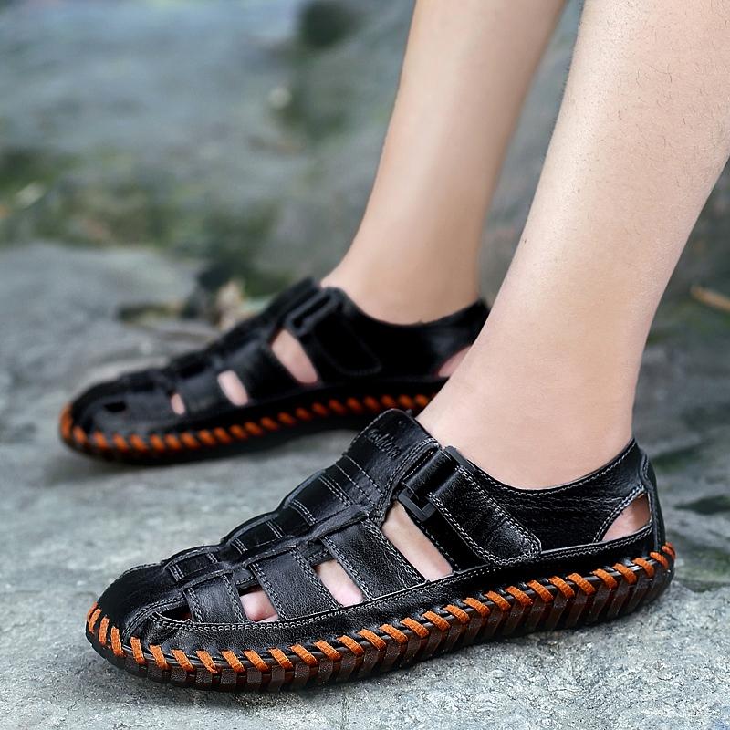Men Outdoor Hiking Sandals Black Leather Closed Toe Yellow Beach Shoes Wide Handmade Sandals Plus Size for Father