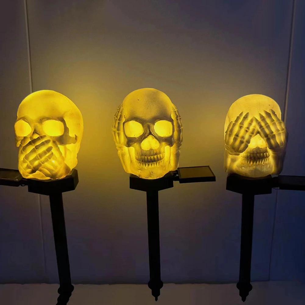 Halloween Skull Head Decor Lawn Lamp Outdoor Garden Yard Solar Powered Pathway Atmosphere Light String Lantern Holiday Party