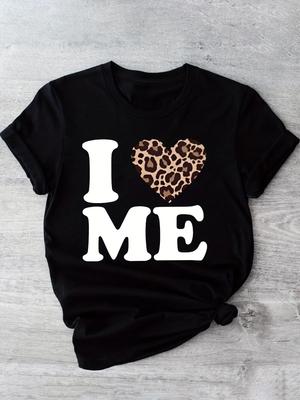 T-shirt pour femmes I Me Imprimé Léopard Cœur Décontracté Confortable Col Rond Manches Courtes Parfait pour une Tenue Décontractée Tendance Décontracté