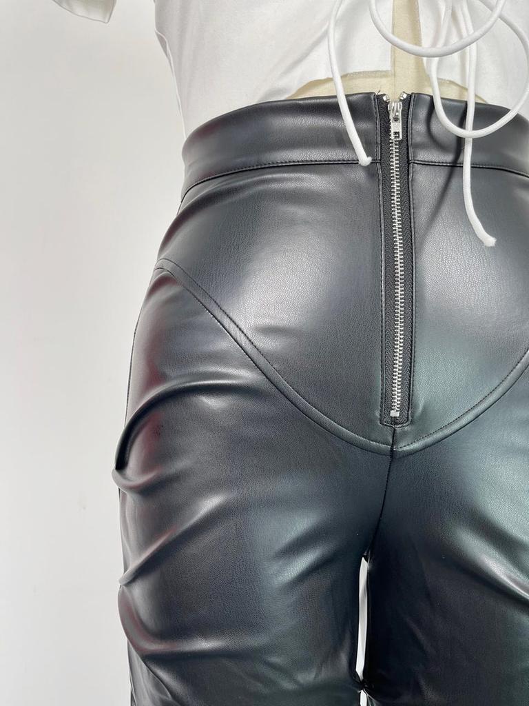 Damen Mode Schlank Geschnittene PU-Leder Lange Hosen, Persönlichkeit Faltbare Micro-Saum Hosen für Damen, Neue Saison
