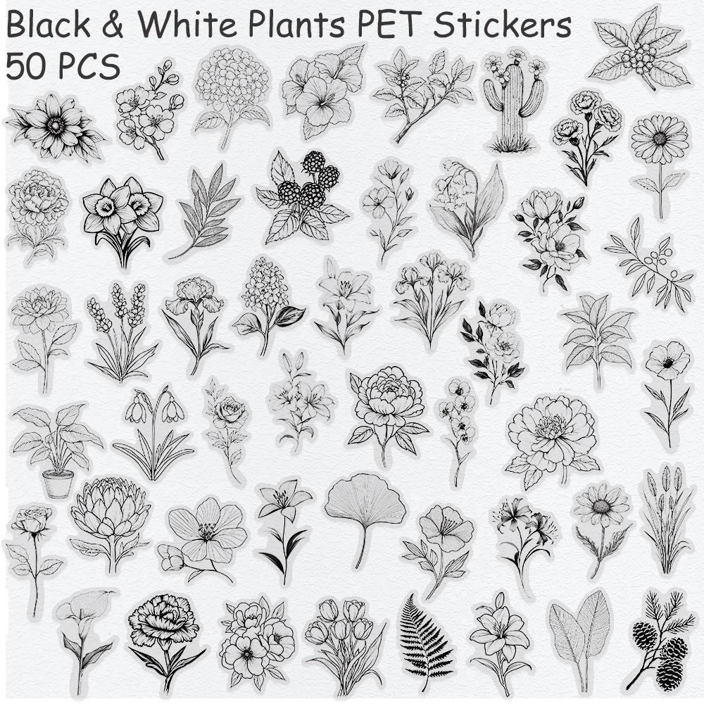 

50 шт. чорно-білі рослини наклейки водонепроникні ноутбуки ноутбуки наклейки валіза наклейки іграшки подарунки