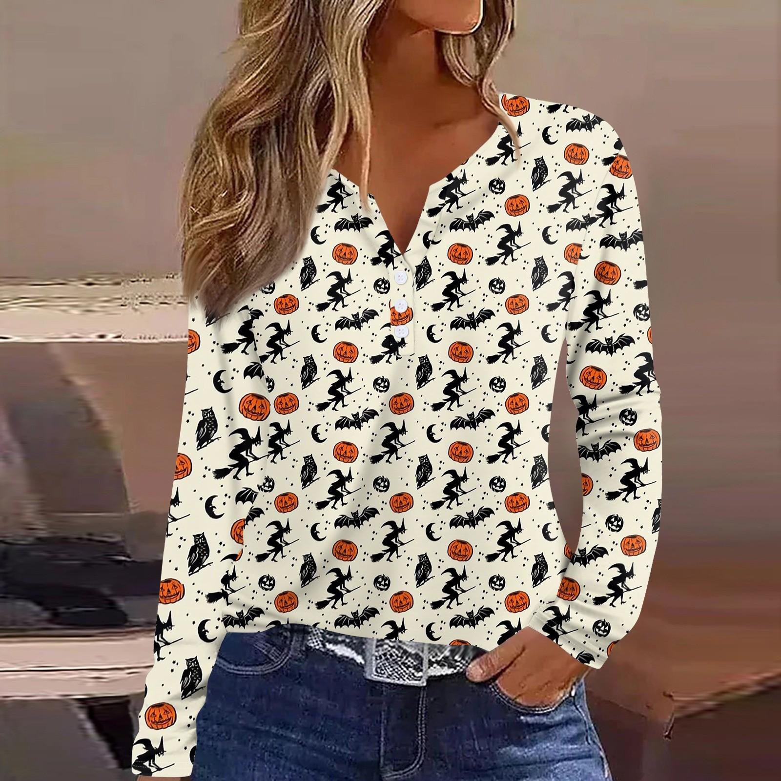 

Жен. Футболка Футболка Хэллоуин С принтом Пуговицы Длинный рукав Повседневные Выходные Мода Классический Классический V-образный вырез Обычный Верх L бежевый