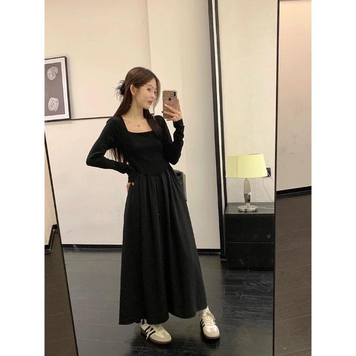 

Women s French Black Pleated Square Neck Long Sleeve A-line Dress, Slim Fit Cinched Waist, New for Spring 2026 Large