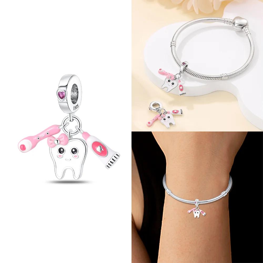 Teeth Protection Copper Red Heart Medical Care Dental Nurse Beads Charm For Original Bracelet Woman Girl Jewelry