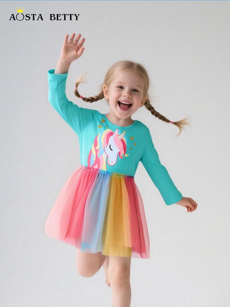 Autumn Girls' Unicorn Princess Dress – Cute European & American Style with Mesh