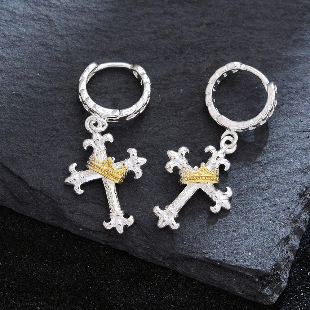 Punk Style Personalized Crown Cross Earrings Women'S Versatile Niche Design Sense Simple Light Luxury Earrings