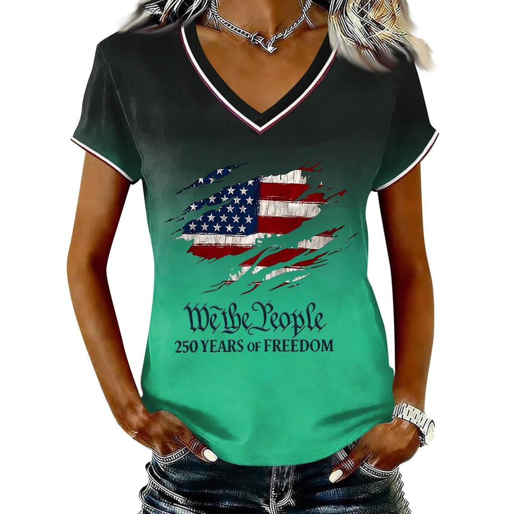 Women Casual V Neck Short Sleeve Pullover T Shirt Gradient American Flag Print Top Independence Day Patriotic Style Summer Tee