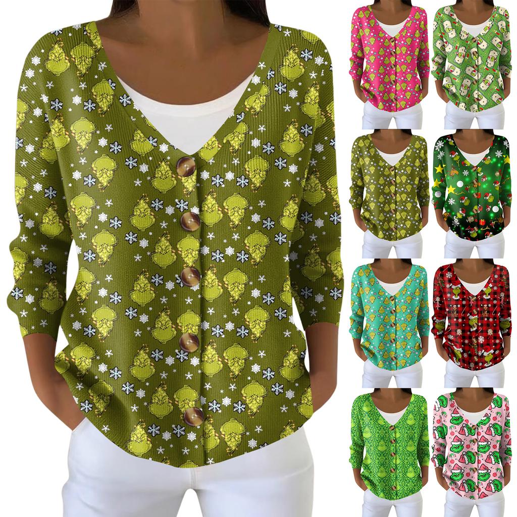 Women's Fashion Long Sleeve Christmas Snowman Snowflake Print Jacket Cardigan