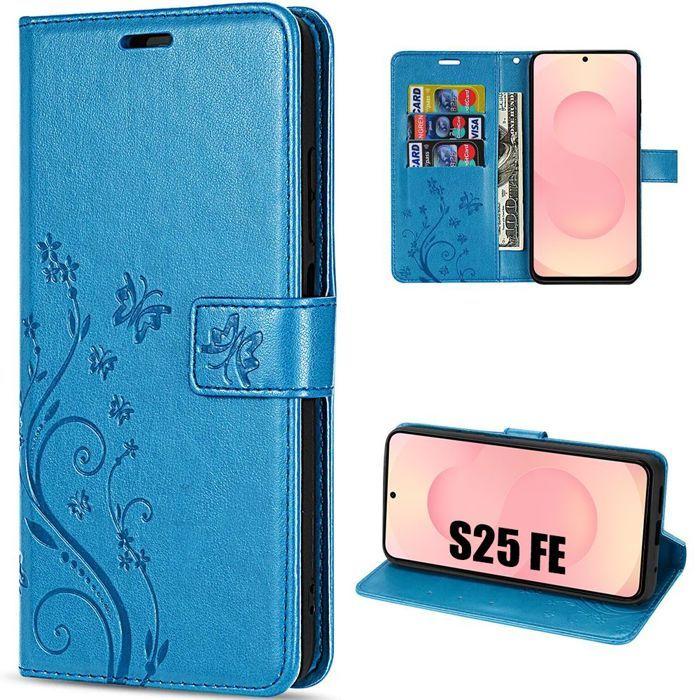 Protective Case - BOOLING - for Samsung Galaxy S25 FE - Blue Synthetic Leather Floral Butterfly Pattern