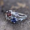 Bague Fleur Feuille Zircon Rouge et Bleu Élégante pour Femmes