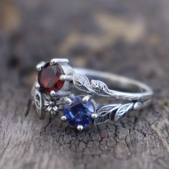 Bague Fleur Feuille Zircon Rouge et Bleu Élégante pour Femmes