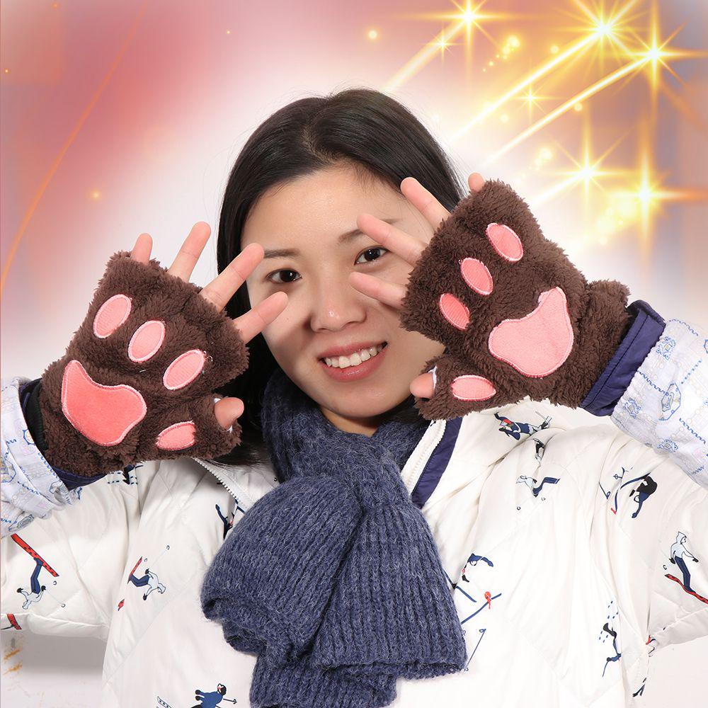 14Colors Girl Lovely Winter Warm Plush Fingerless Gloves Bear Cat Paw