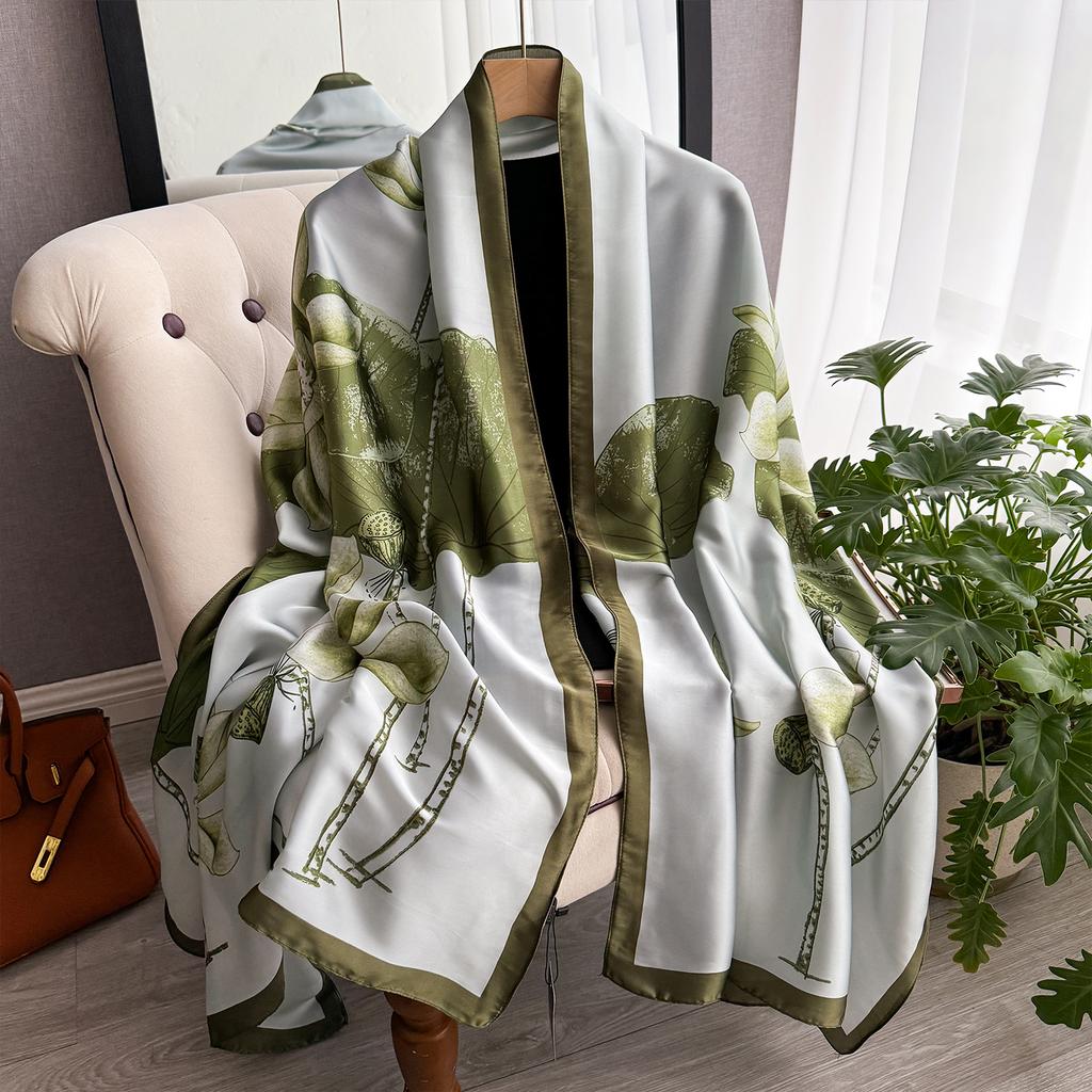 Spring 180*90Cm Fashion Dustproof Big Bandanna Popular Satin Finish Silk Shawls Scarves Luxury Print Sunscreen Beach Towel