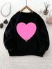 Girls' Round Neck Sweatshirt with Heart Cartoon Frog Print, Christmas Outfit, Suitable for Casual Wear