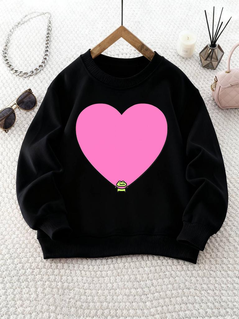 Girls' Round Neck Sweatshirt with Heart Cartoon Frog Print, Christmas Outfit, Suitable for Casual Wear