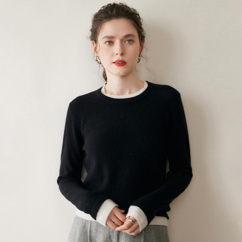 Women's Contrast Color Fake Two-Piece Cashmere Knit Sweater - Loose Fit, Round Neck, Autumn Winter Top