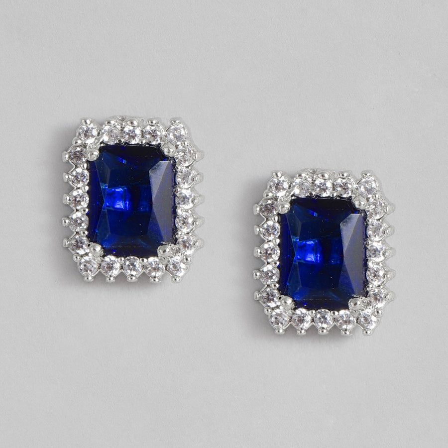 Estele Women's Designer Square Shape Rhodium Plated CZ Blue Stone Stud Earrings