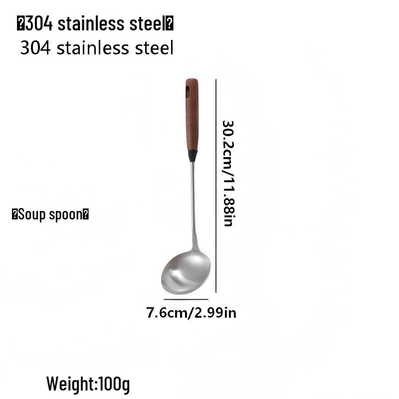 Liang Sheng Stainless Steel Spatula Set with Walnut Handles - Includes Stir-fry Spoon, Ladle, and Frying Spatula.