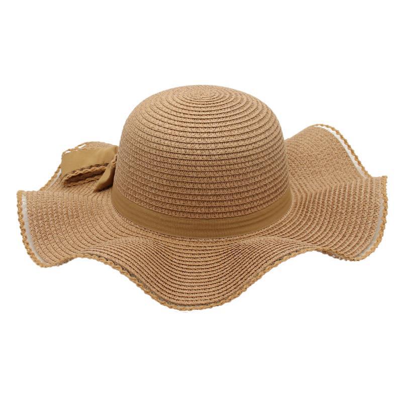 Frühling und Sommer Einfarbiger Lafite Strohhut Wellenförmiger Sonnenhut Panama Sonnenschutz Sonnenschirm Krempe
