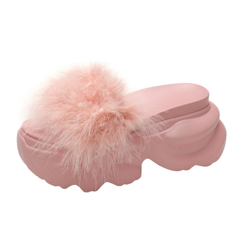 Fashion Women Platform Slippers Feather Chunky Sandals Beach Shoes 8.5CM Wedge Heels Peep Toe Slides Ladies Outside Flip-Flops Woman
