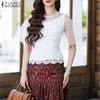 ZANZEA Women Casual Round Neck Ruffles Sleeve Lace Patchwork Blouse