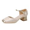 Baotou sandals women's hollow bridesmaids wedding shoes thick heel single shoes square head with cheongsam high heels