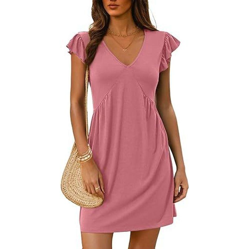 V-neck Flying Sleeve Solid Color Dress V-neck Ruffled Sleeve Pure Color Dress