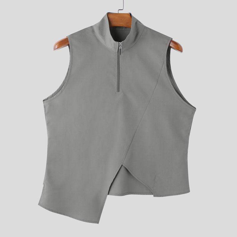 

INCERUN Summer Men Mockneck Sleeveless Irregular Splits Casual Tank Tops L серый