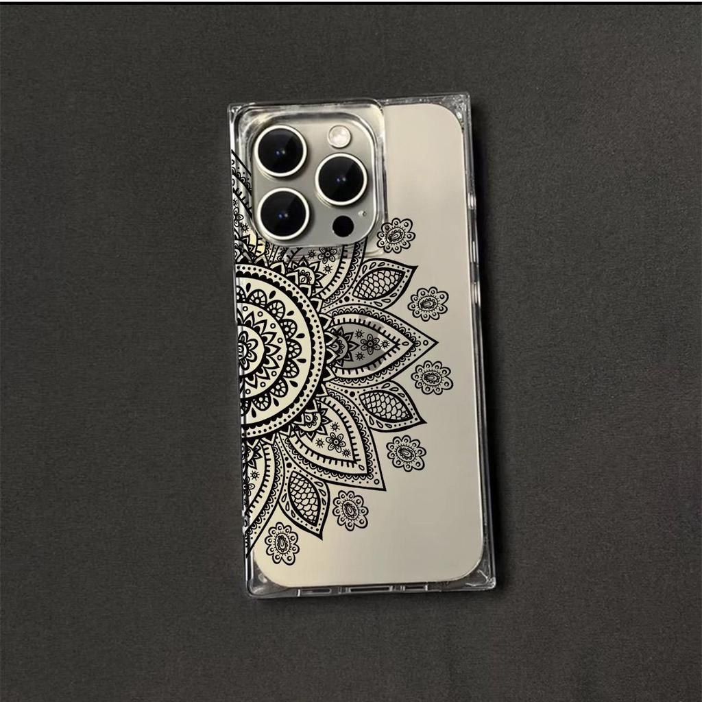 Transparente Quadratische Rückseite Röhrenhülle Schutz Für iPhone 13 12 15 Plus 14 Pro Max 16 ProMax 11 Anti-Sauerstoff, Schwarzes Halber Blumenkranz Muster Gehäuse