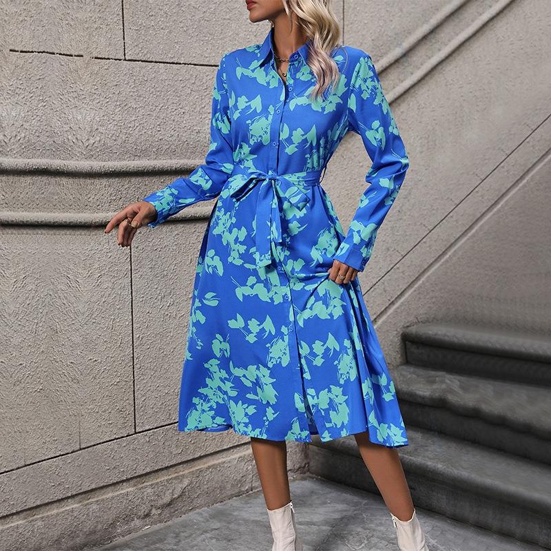 New Women's Long Sleeve Lapel Printed Shirt Dress