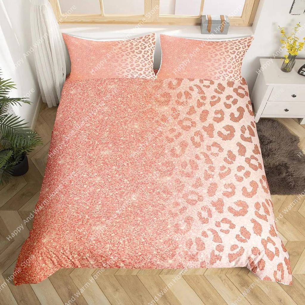 Pink Leopard King Queen Duvet Cover Girly Glitter Bedding Set Cheetah Skin Pattern Quilt Cover 2/3Pcs Polyester Comforter Cover