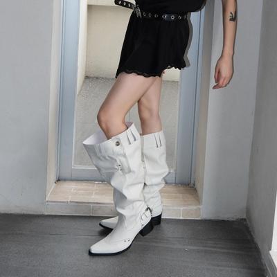 ~ White Pointed Boots Women's Leather Babes Knight Boots Retro Big Tube Circumference Thin Pile Boots Women