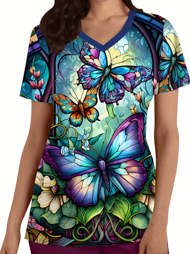 Fashion butterfly Short-Sleeve TShirt Commuting Work V-Neck Top Short Sleeves Woman