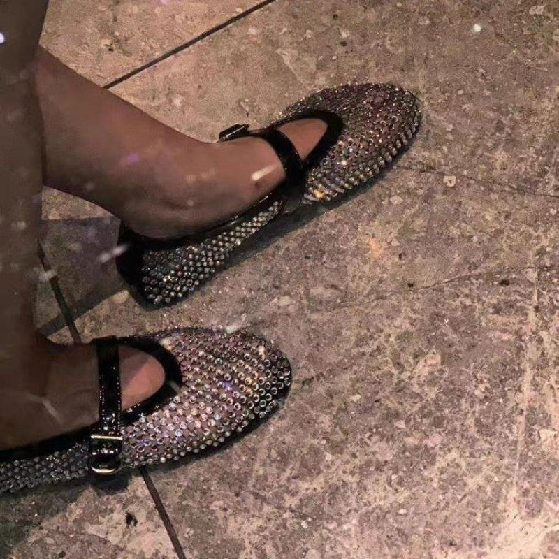 Fashion Women Sandals Designer Mesh Mary Jane Shoes Ladies Luxury Crystal Rhinestone Fishnet Flat Shoes Women 2025 New Plus Size Loafers
