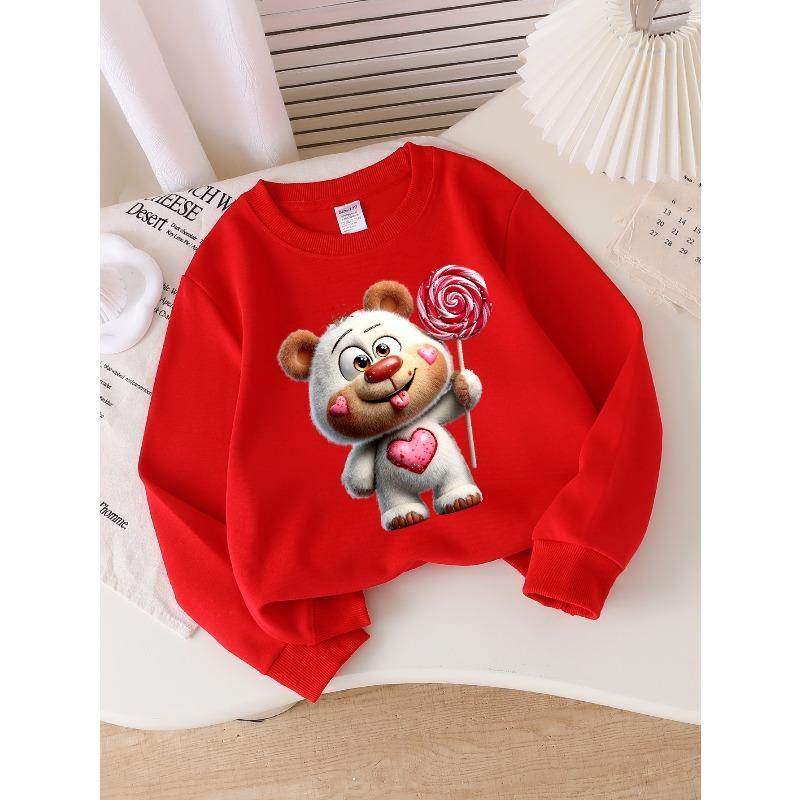 Adorable Crewneck Sweatshirt for Girls Featuring a Bear with a Lollipop Heart, Suitable for Machine Washing