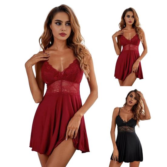 Damen Babydoll Nachthemd Durchsichtige Spitze Sexy Chemise Nachthemd Blumen-Spitze Unterkleid V-Ausschnitt Schlafkleid