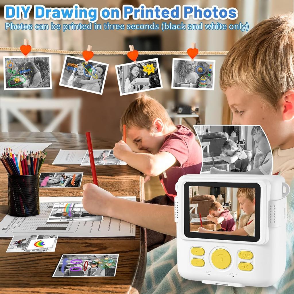 Instant Print Camera for Kids with 3 Rolls of Printer Paper, 1080P Toddler Digital Camera Toys for Age 3-12 with 32GB SD Card, Christmas & Birthday