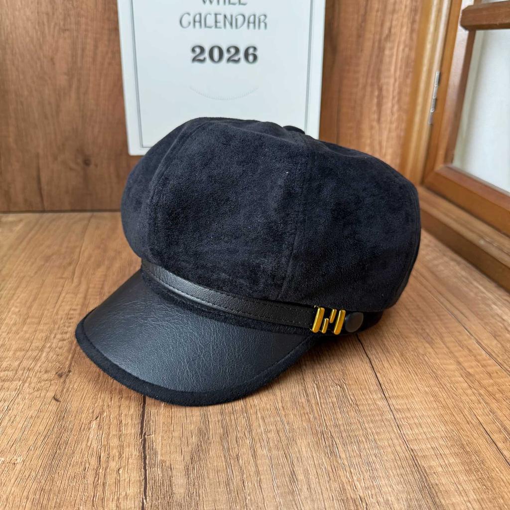 French Vintage Suede Splicing Leather Brim Newsboy Octagonal Ladies Brimmed Beret Internet celebrity Fall/Winter