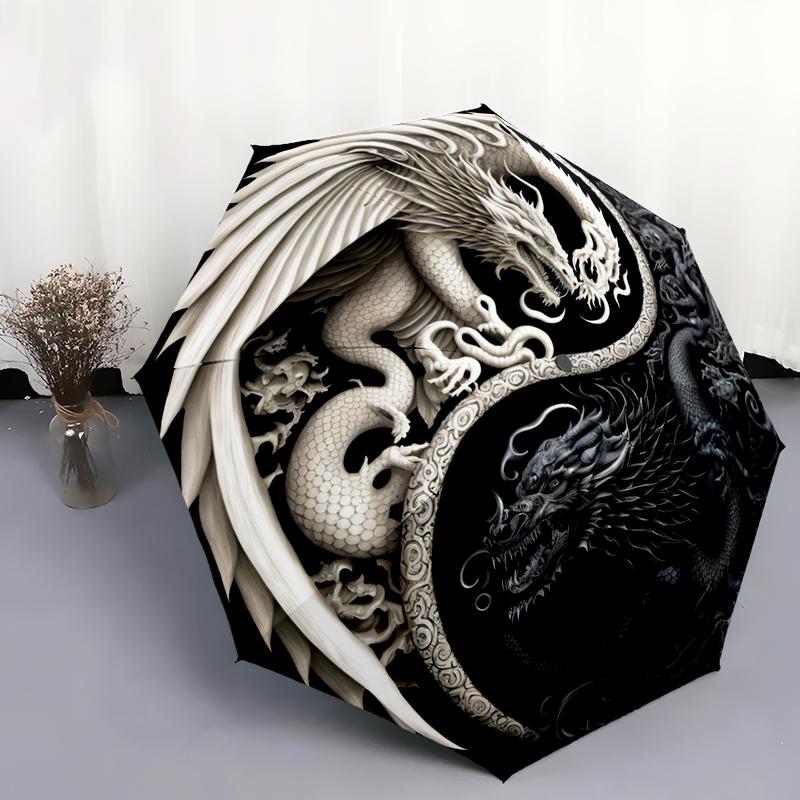 1pc Dragon, dinosaur pattern Umbrella Portable Folding Umbrella Iron Frame Hole Bone Structure Outdoor Home Umbrella