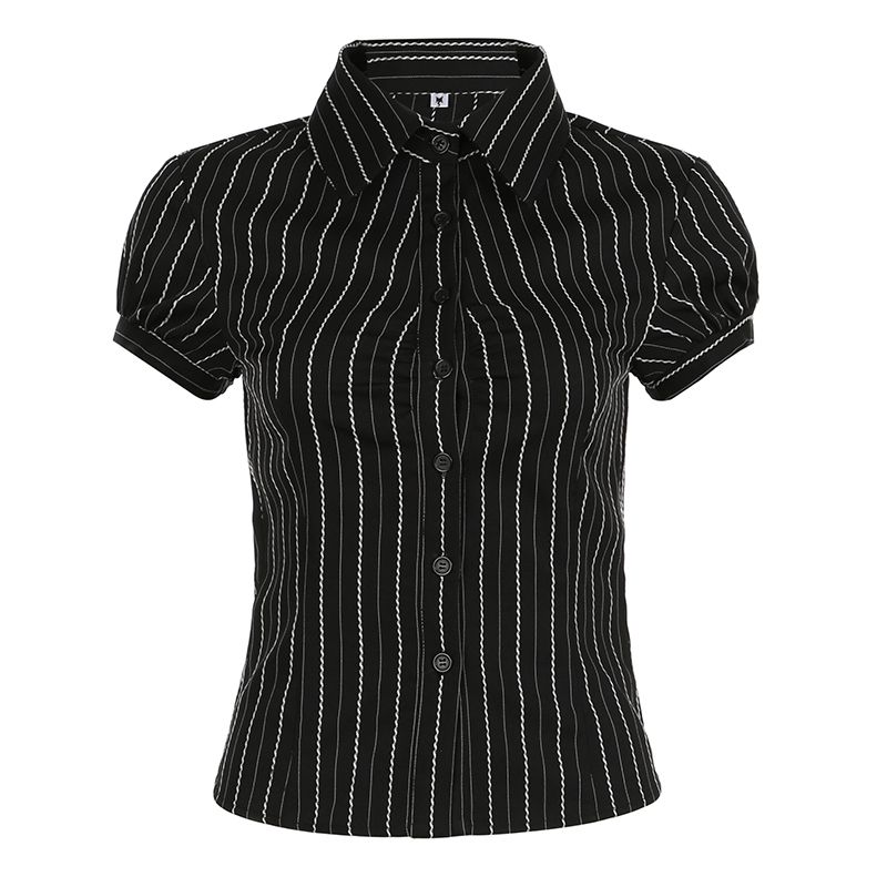 

H Home European and American Women s Clothing Siren Wind Black Stripes Puff Sleeve Shirt Female Polo Collar Breasted Casual Short-Sleeved Top Black S