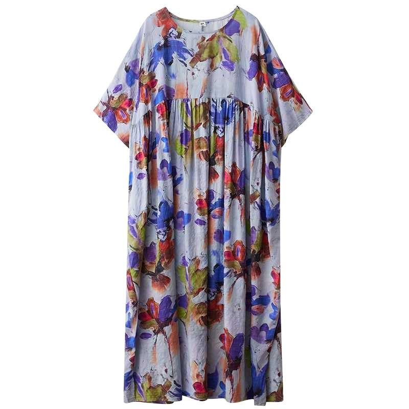 Boho Summer Dress for Women  Loose Fit V-Neck Short Sleeve Cotton Linen Maxi Dress Casual Beach Vacation Dress