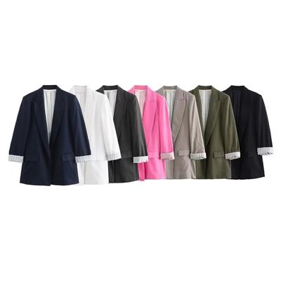 Women Fashion Solid Blazer Notched Collar Long Roll Up Sleeves  Chic Office Lady Business Outfits