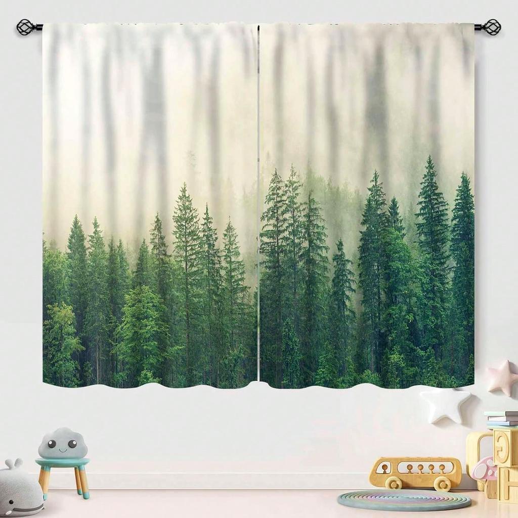 Green Forest Curtains  Misty Forest Nature Landscape Curtains Woodland Pine Tree Scene Mountain Window Drapes For Living Room Bed