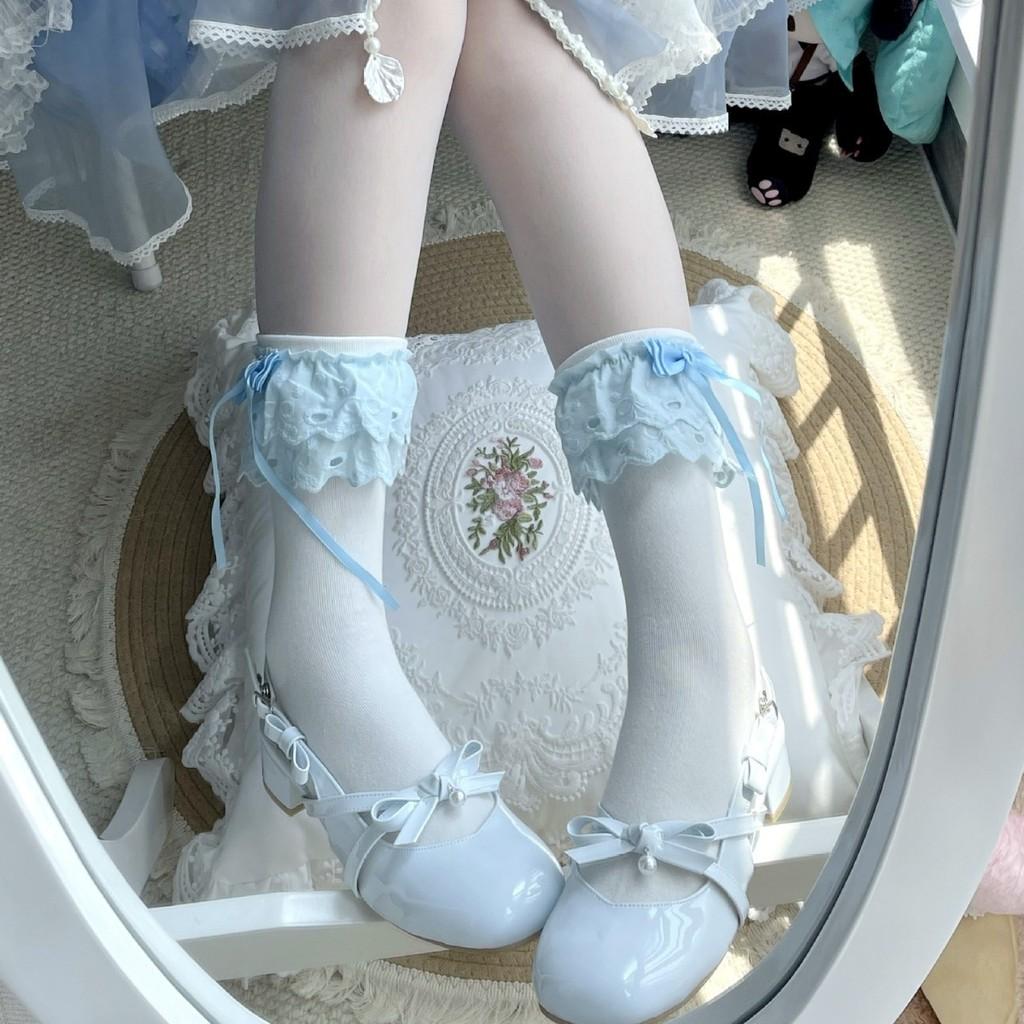 Chinese Style Lolita Cotton Kneehigh Socks With Lace And Bow For Women