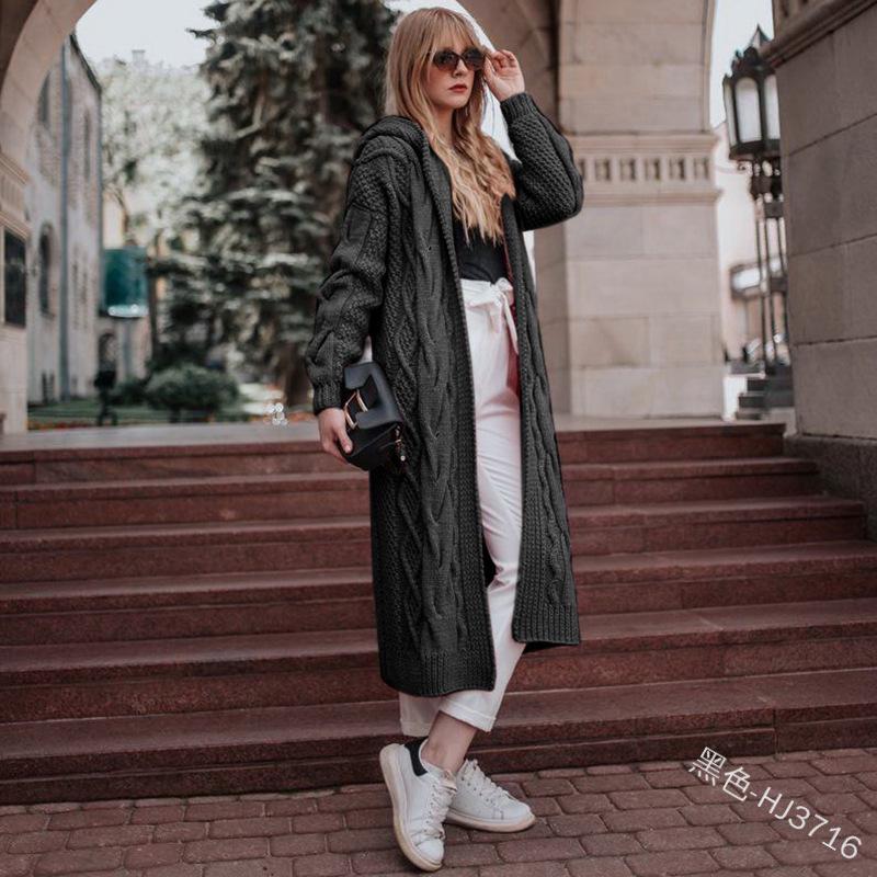 European & American Autumn/Winter Solid Color Hooded Long Loose Cable Knit Cardigan Sweater for Women