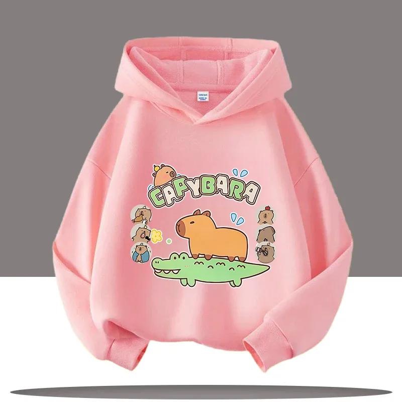 Jesienno-zimowa ciepła bluza z kapturem dla dzieci, pulower z kapibarą, bluza dla chłopców i dziewcząt, casualowy top dziecięcy z kreskówką